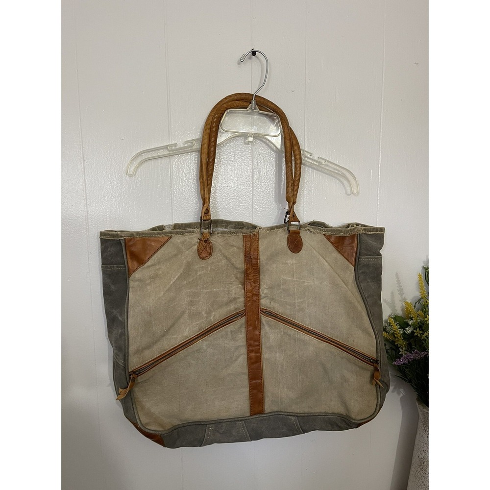Mona b Cotton Canvas Tote Upcycled Tattered Vintage Look